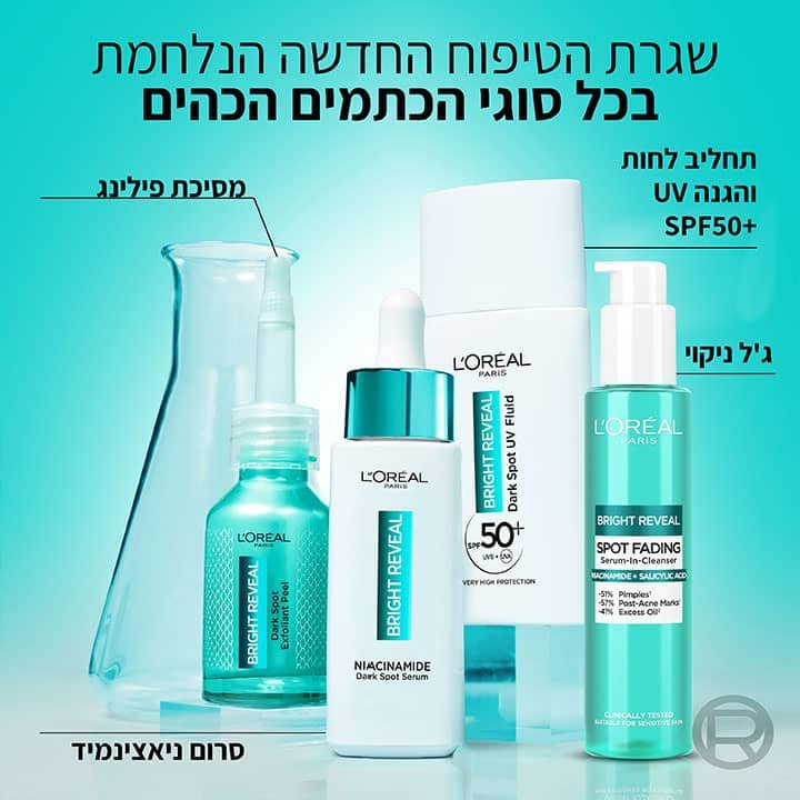 שגרת הטיפוח החדשה הנלחמת בכל סוגי הכתמים הכהים. ג'ל ניקוי, תחליב לחות והגנה UV SPF50, סרום ניאצינמיד, מסכת פילינג.